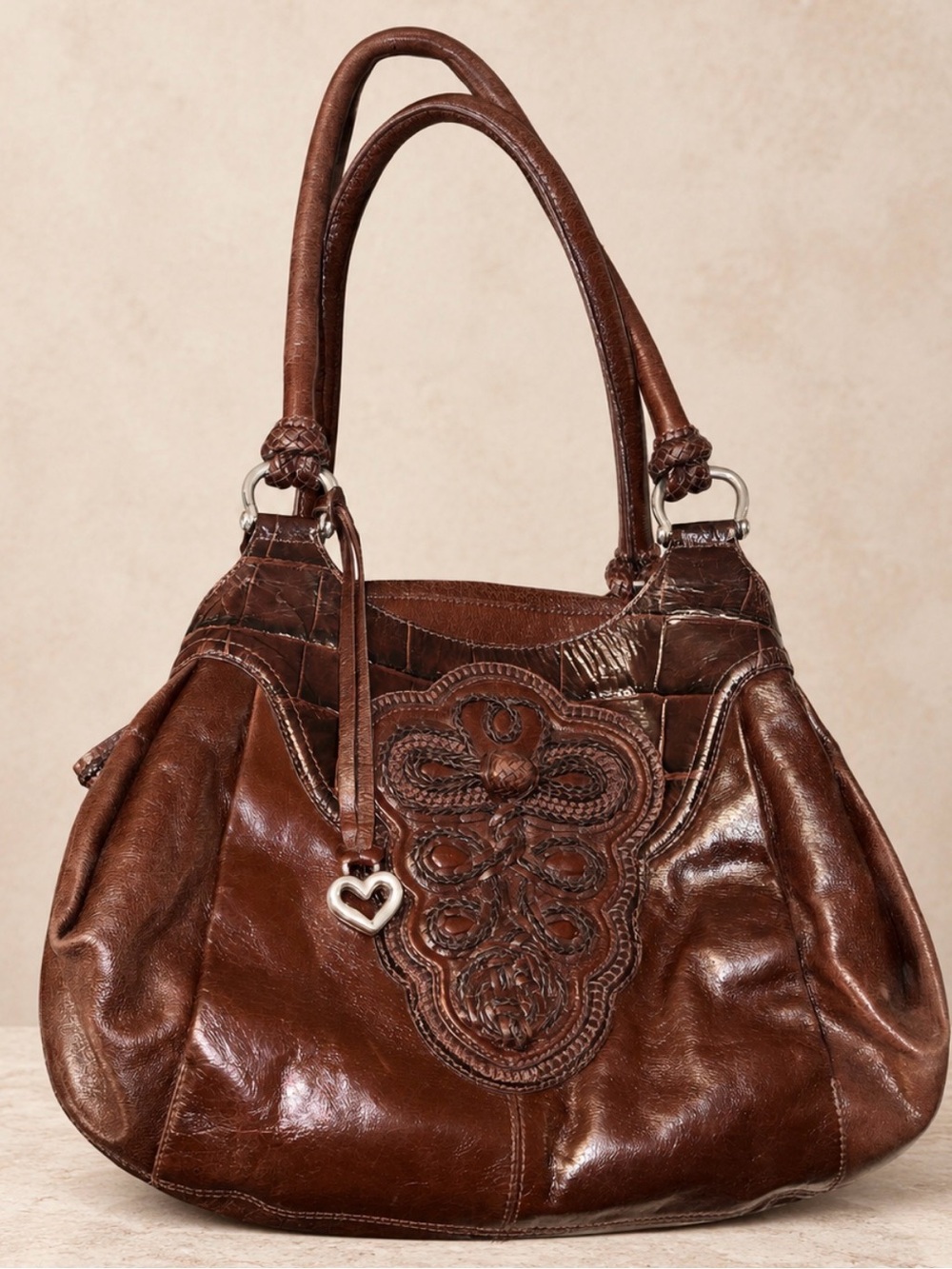 Brighton Brown Leather Floral Applique Hobo Shoulder Bag Y2K Heart Charm